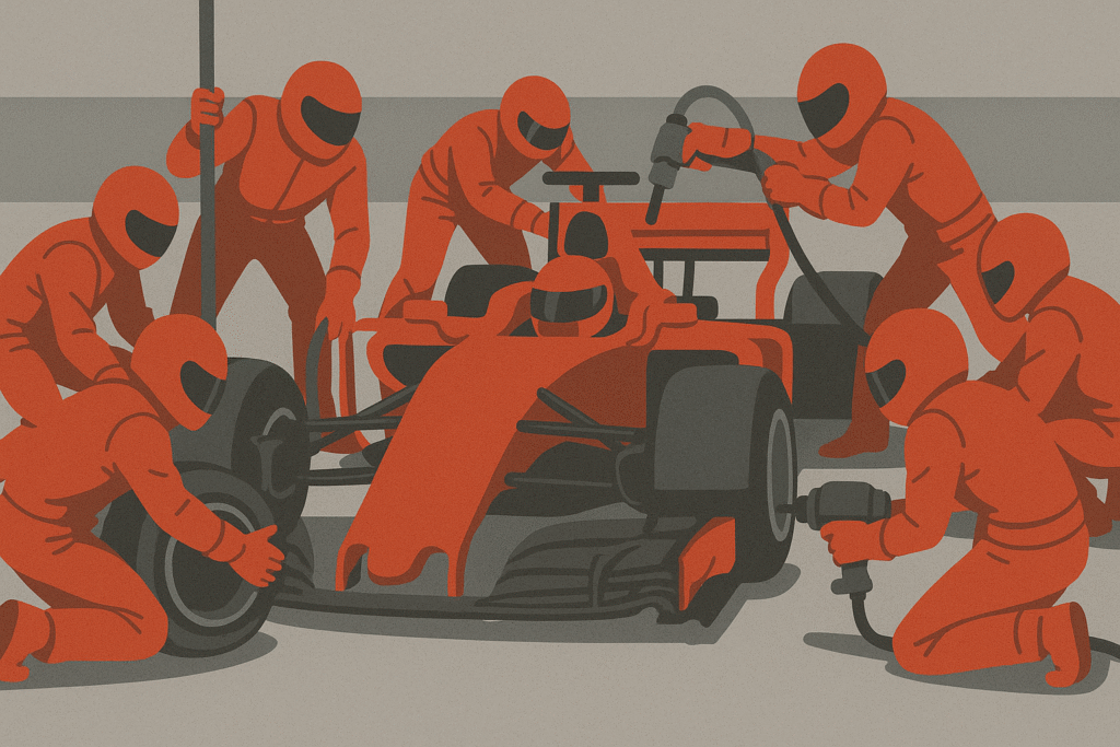 Pit stop team servicing a race car, symbolising rest and recovery