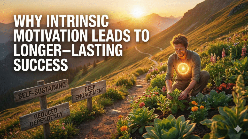 Illustration of a gardener with internal light, headlined Why Intrinsic Motivation Leads to Longer-Lasting Success
