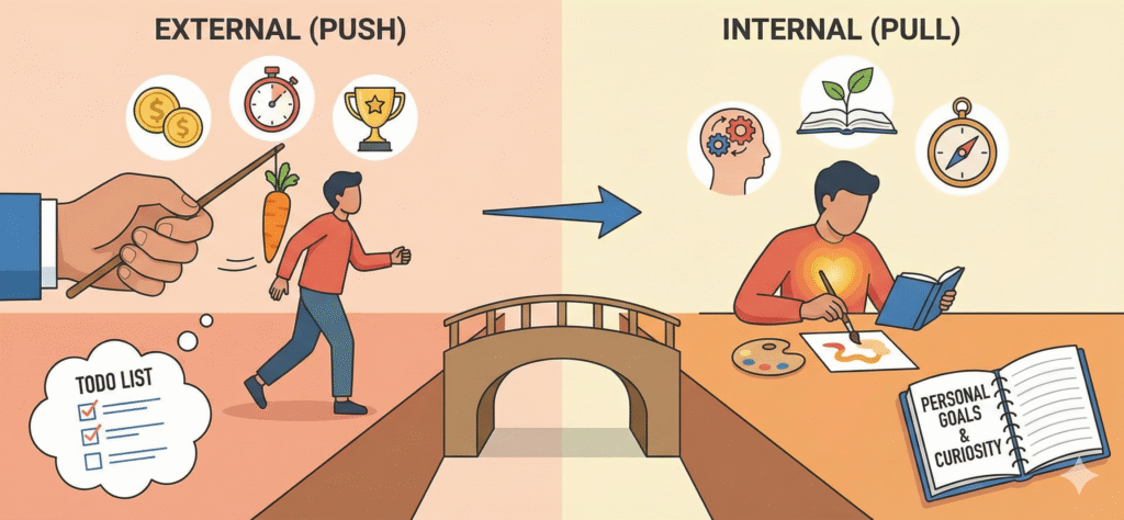 Infographic visualizing the shift from external "push" motivation to internal "pull" motivation