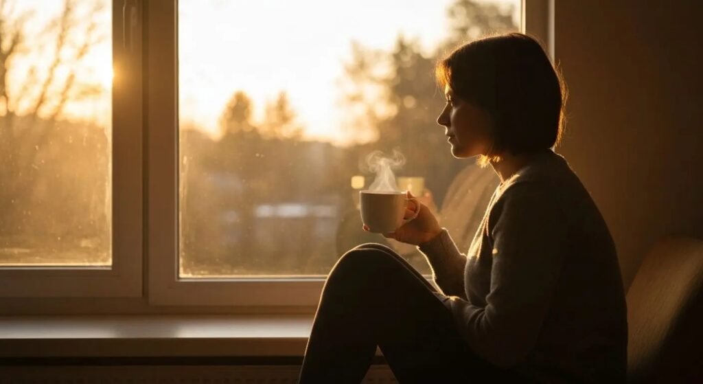 Woman sitting by a window at sunrise, holding a steaming cup of coffee and looking thoughtfully outside as warm sunlight fills the room.