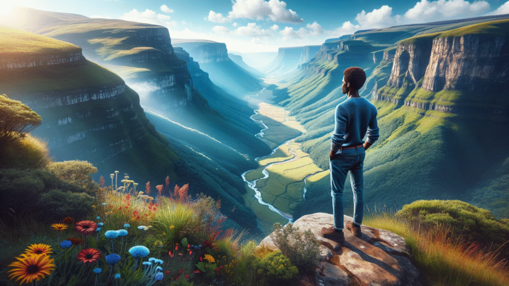 A man of African descent stands with his back to the camera at the edge of a cliff, gazing out over a breathtaking valley stretching far below.