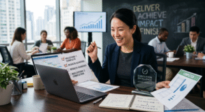 A professional woman smiling at her desk with a checklist, a completion chart, and an "Execution Excellence" award in a modern office with her team and financial graphs in the background.