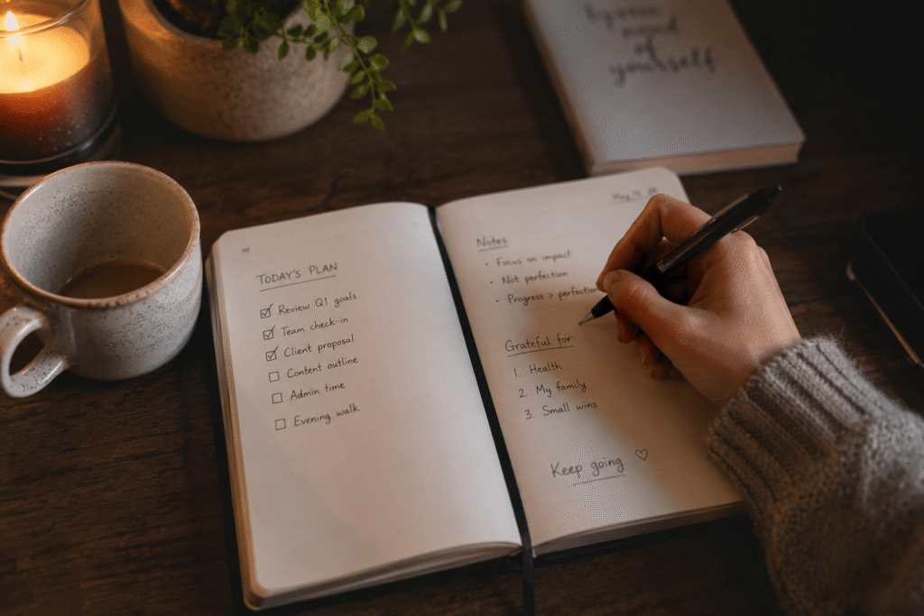 Close-up overhead view of a person writing in a planner at a wooden desk during the evening, illuminated by warm ambient light. A half-finished cup of coffee sits nearby alongside a candle and notebook, creating a calm, reflective atmosphere focused on intentional planning, journaling, and quiet productivity.