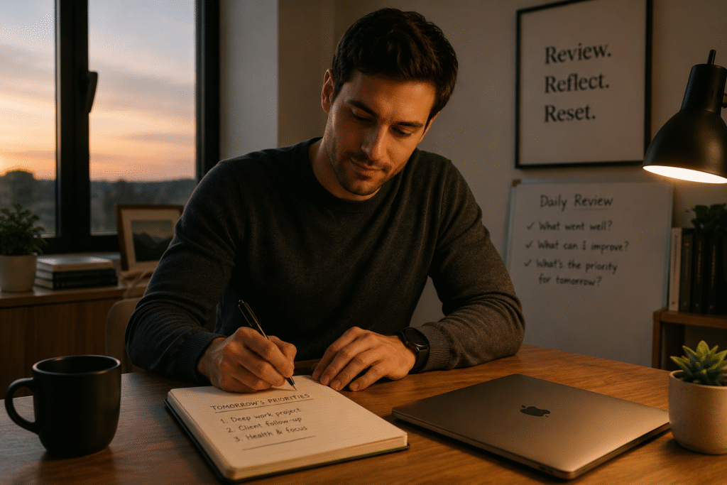 A person calmly writing tomorrow's priorities in a notebook at the end of the workday, representing the daily review and reset habit.
