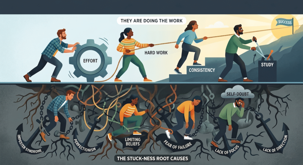 A split conceptual infographic illustrating why people get stuck. The top half, under a bright sun, shows people climbing toward "Success" by applying "Effort", "Hard Work", "Consistency", and "Study". The dark bottom half reveals these same people trapped underground by anchors, chains, and roots representing "Imposter Syndrome", "Perfectionism", "Limiting Beliefs", "Fear of Failure", "Lack of Focus", and "Lack of Direction."