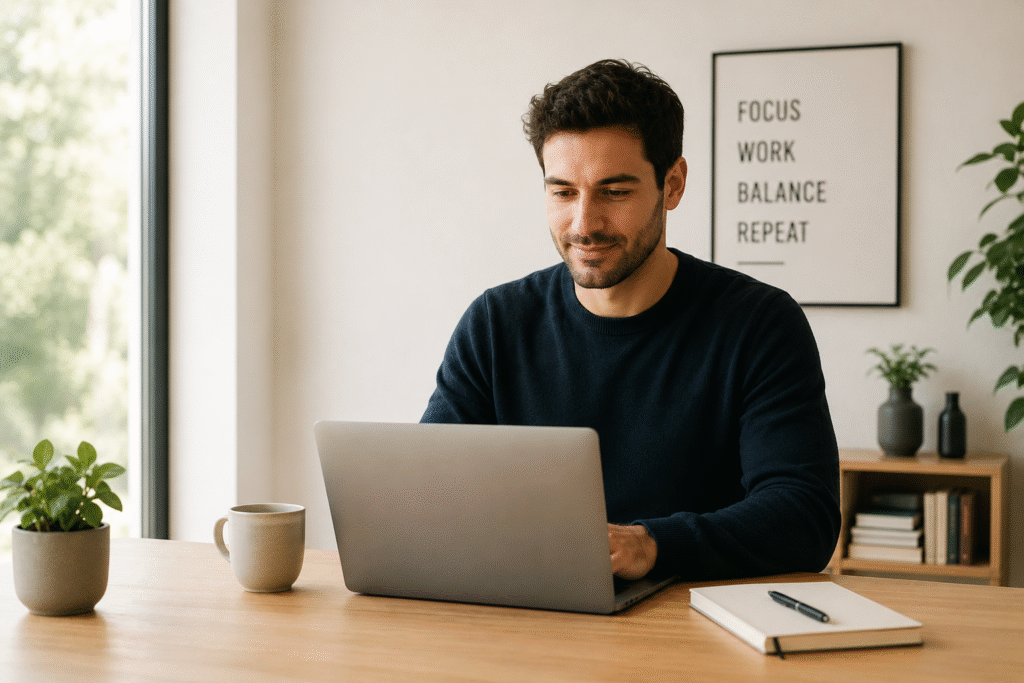 A person looking calm and focused at a clear, uncluttered desk, representing relaxed productivity without overworking or long hours.