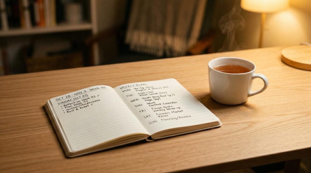 A peaceful evening workspace with a notebook, pen and warm lighting, illustrating how planning your evening can improve morning productivity.