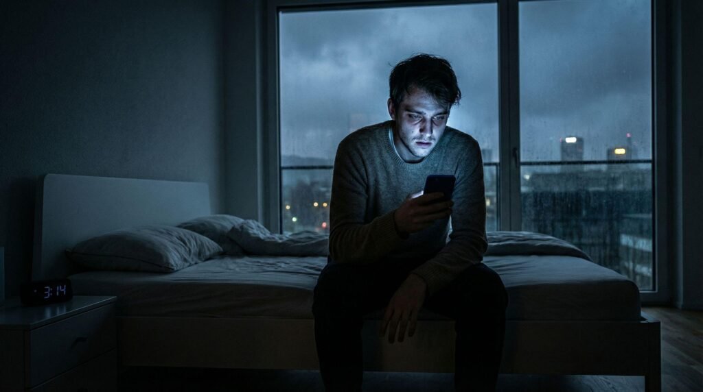 A tired man sitting on the edge of his bed checking his smartphone, highlighting morning distractions and the struggle to build productive habits.