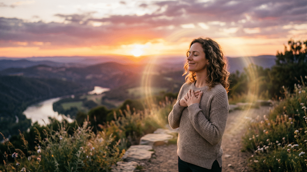 A woman stands on a mountain path at sunset, her eyes closed and hands resting peacefully over her heart. She wears a neutral-toned sweater, and a soft, golden aura or lens flare circles around her, symbolizing a moment of deep, internal revelation. Behind her, a winding river flows through a lush, hazy valley under a sky painted in warm oranges and pinks.