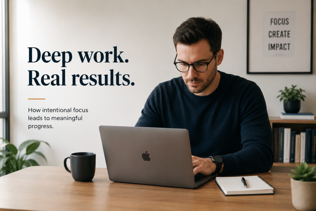 A focused professional working alone at a clean desk in a quiet space, representing intentional deep work time.