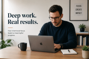 A focused professional working alone at a clean desk in a quiet space, representing intentional deep work time.