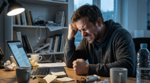 A man sitting at a desk at night, gritting his teeth and clenching his fist in a display of intense mental strain and forced productivity. A glowing laptop, crumpled papers, and multiple coffee mugs surround him under the harsh light of a desk lamp.