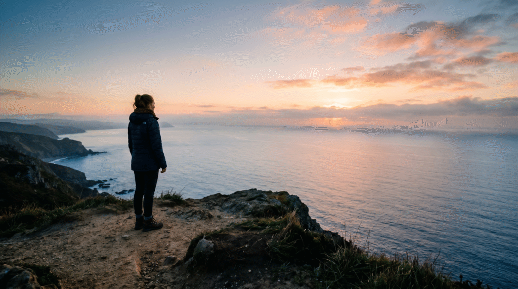 A person standing alone at sunrise