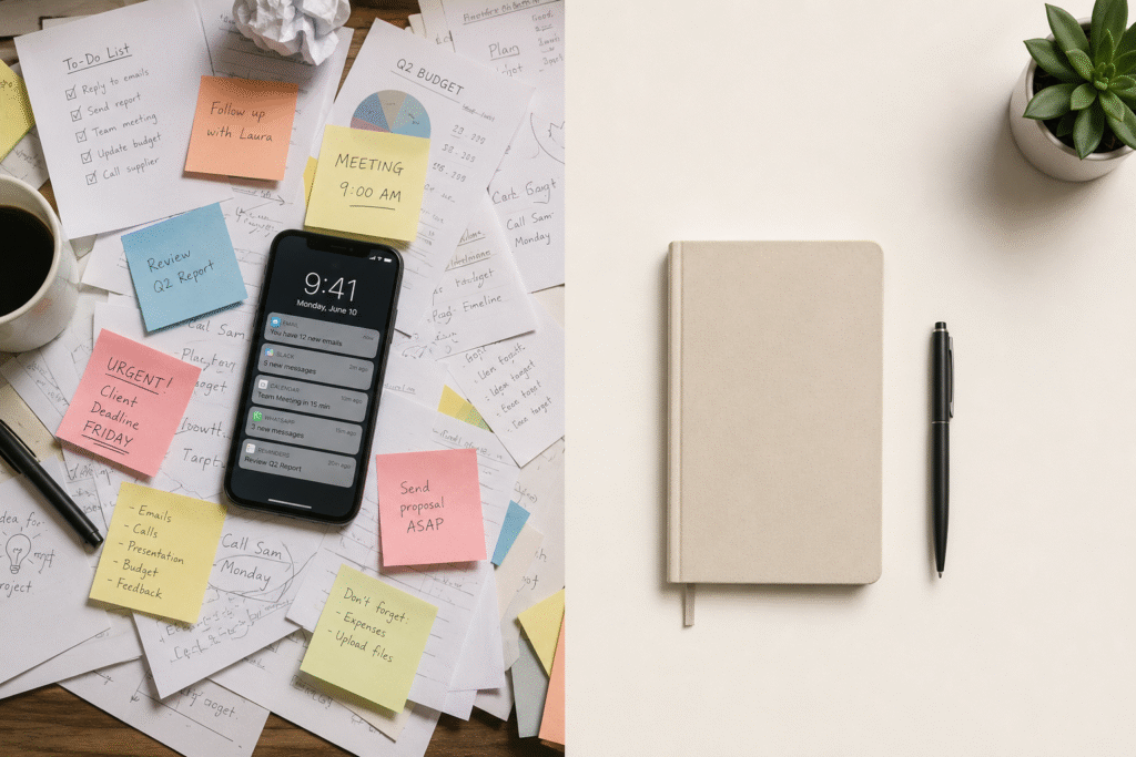 Split-screen flat lay workspace comparison showing productivity chaos versus clarity — one side features a cluttered desk covered with scattered papers, sticky notes, and a smartphone filled with notifications, while the other side shows a clean minimalist desk with only a notebook and pen, symbolizing focus, organization, and intentional work habits.
