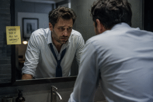 A frustrated entrepreneur, sleeves rolled up, shirt collar open, tie hanging loose, staring in the mirror, feeling dispondent, mentally exhausted and stuck.