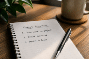 A close-up of a short handwritten priority list in a notebook with a pen resting beside it, representing intentional daily focus.
