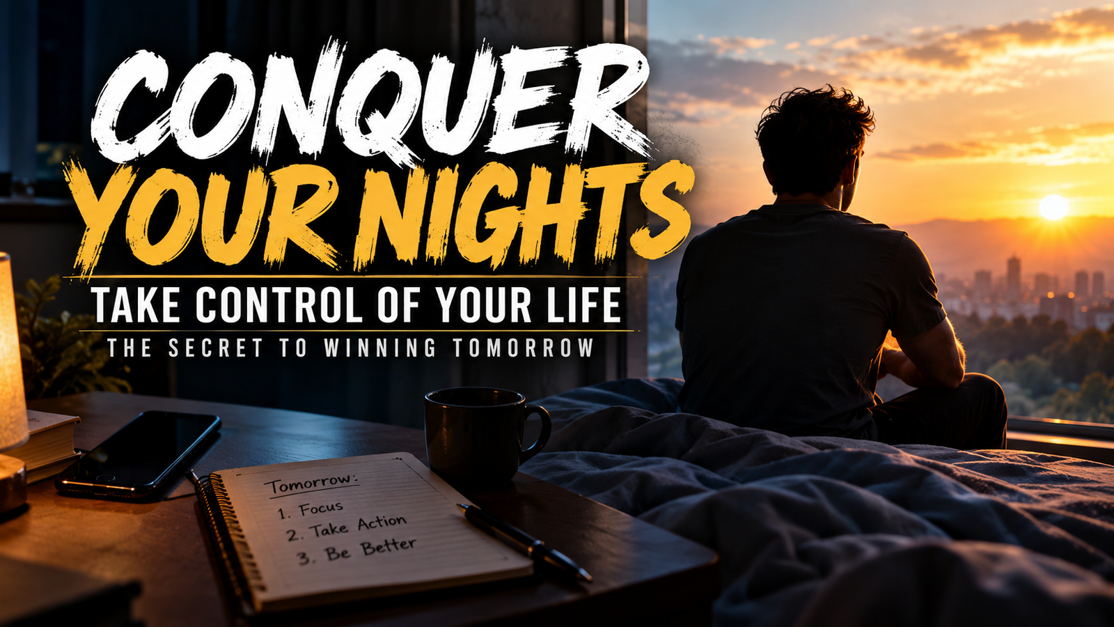 A man watches the sunrise from his bedroom, symbolising how evening routines, self-discipline and planning can transform your mornings and your life.